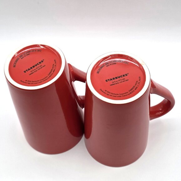 Starbucks 2 Tall Red Mugs Cups Green Mermaid Siren Logo 16 Fl Oz Ea. Coffee Tea - Picture 8 of 9